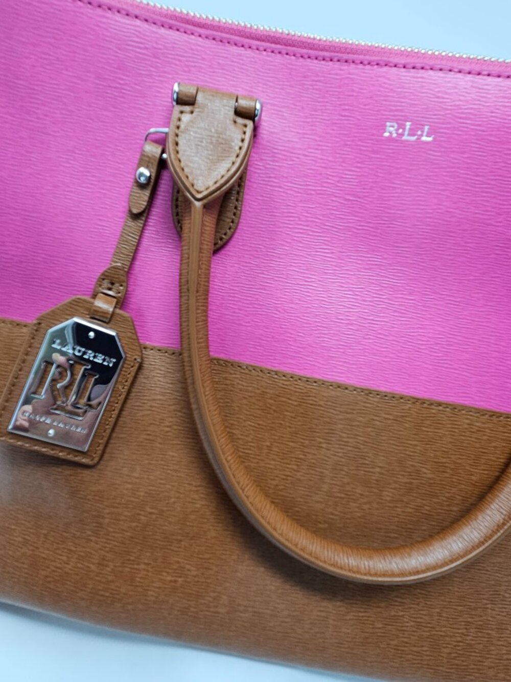 Lauren Ralph Lauren Newbury Tri-Color Leather Handbag - Brown / Vanilla / Rose - Picture 6 of 11